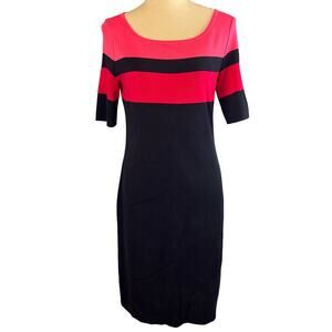 Misook Colorblock Knit Sheath Dress Scoop Neck Short Sleeve Navy Pink XS Classic